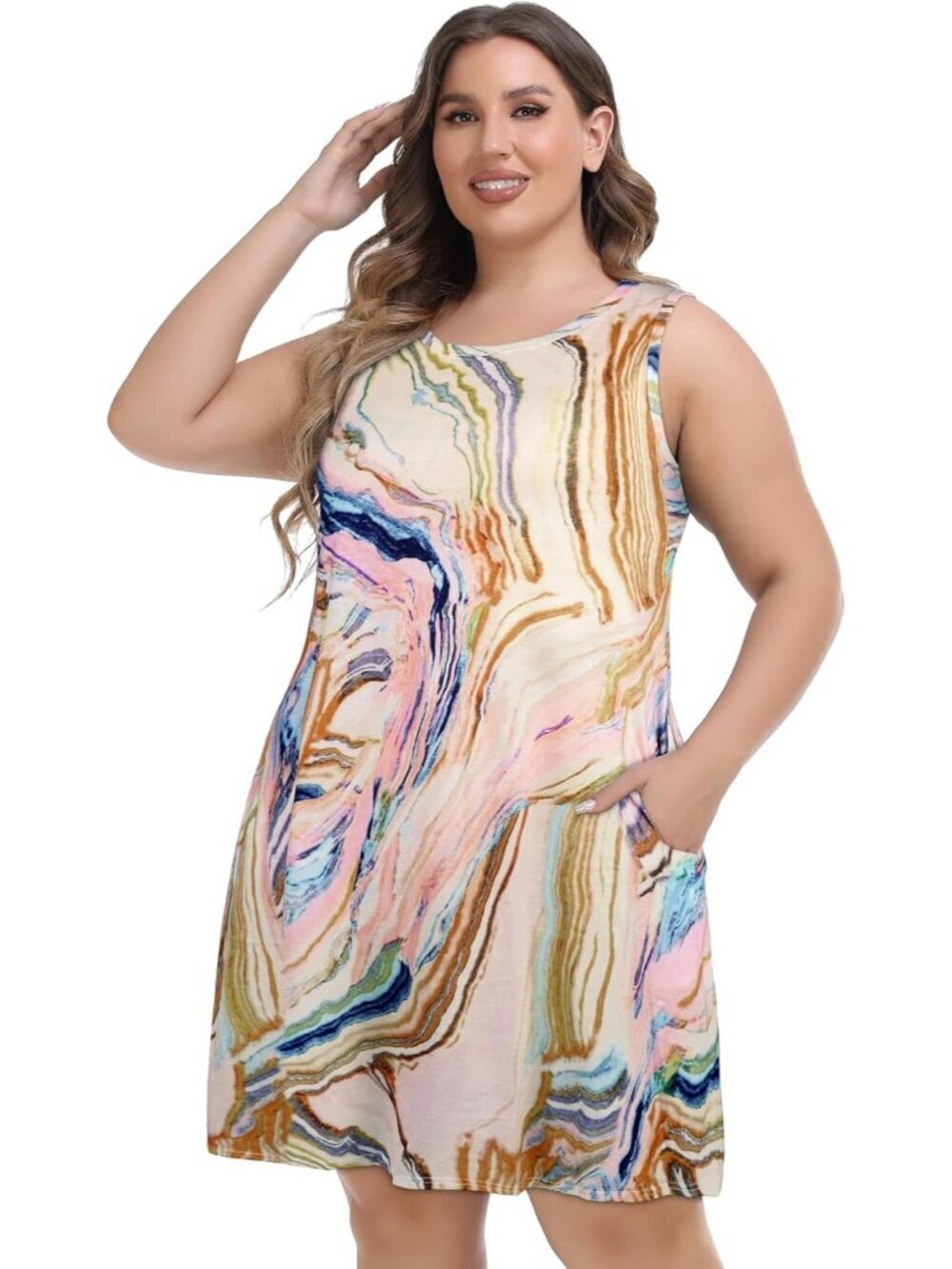 Women's Pink ColorFull Sleeveless Pockets Beach T-shirt Tank Sun Mini Dress - Picture 2 of 3